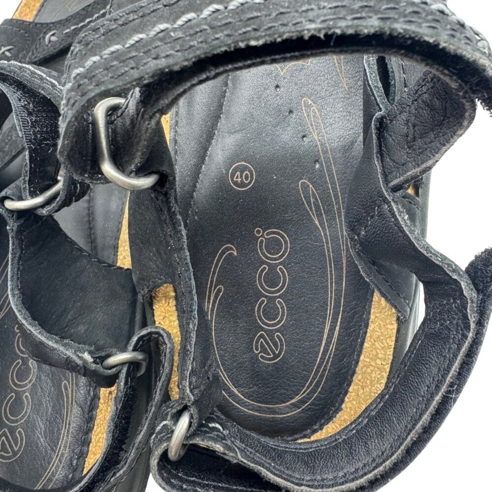 Ecco Black Leather Sandals Womens EU 40/US 9-9.5 Cork Hook Loop Outdoor Comfort - Picture 4 of 15